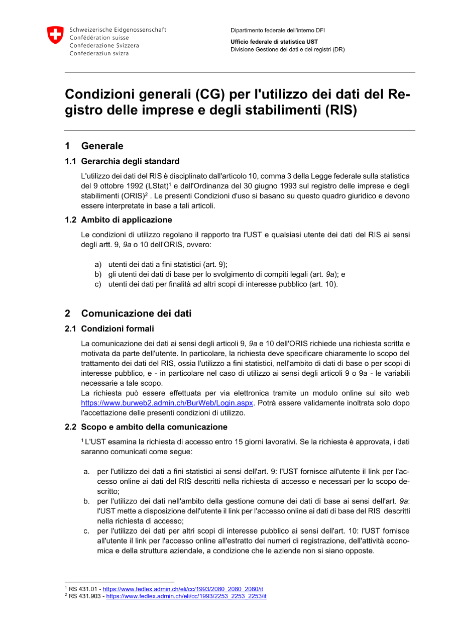 BurWeb - Condizioni generali (CG) per l'utilizzo dei dati del Re-gistro delle imprese e degli stabilimenti (RIS)