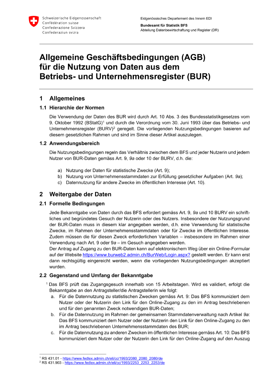 BurWeb - Allgemeine Geschäftsbedingungen (AGB)
für die Nutzung von Daten aus dem
Betriebs- und Unternehmensregister (BUR)