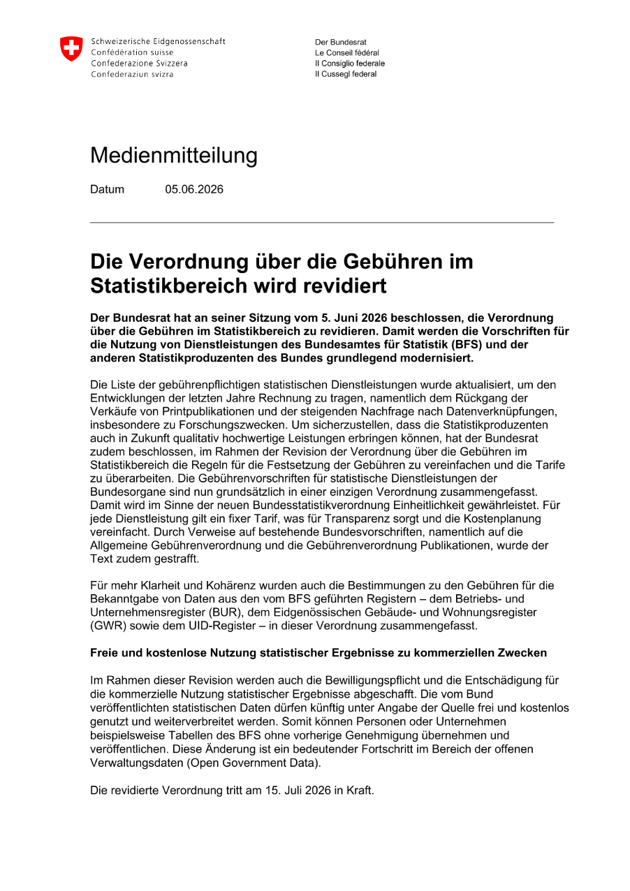 Die Verordnung über die Gebühren im Statistikbereich wird revidiert
