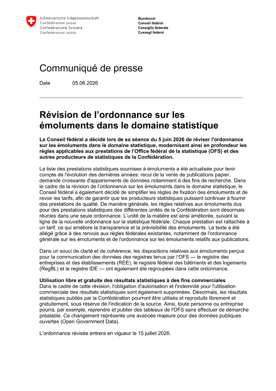 Révision de l'ordonnance sur les émoluments dans le domaine statistique