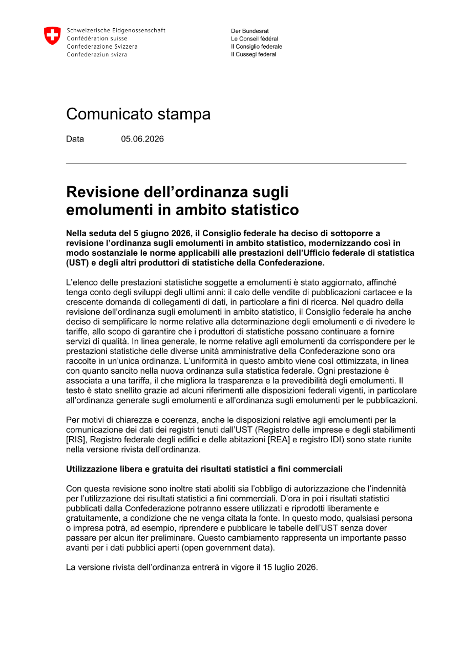 Revisione dell'ordinanza sugli emolumenti in ambito statistico