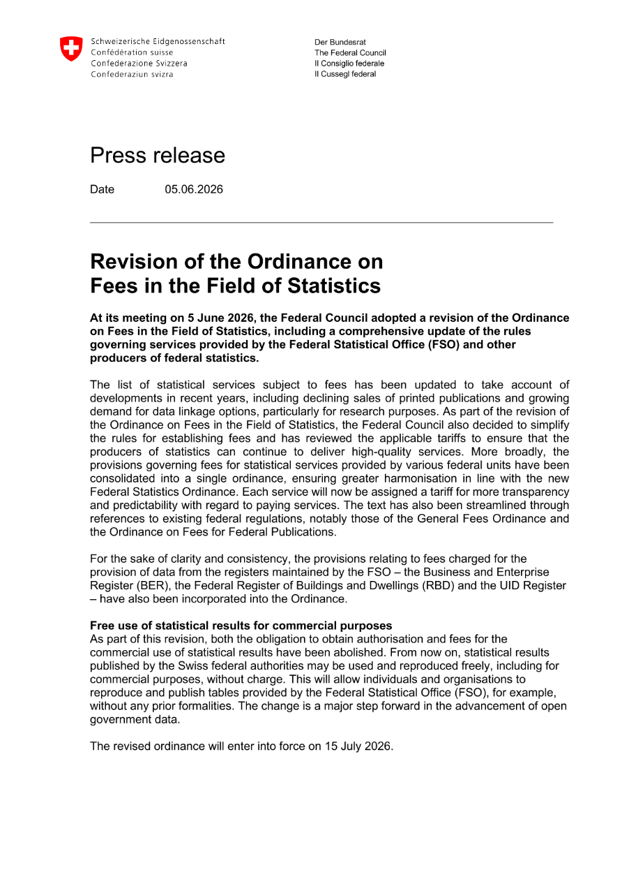 Revision of the Ordinance on Fees in the Field of Statistics