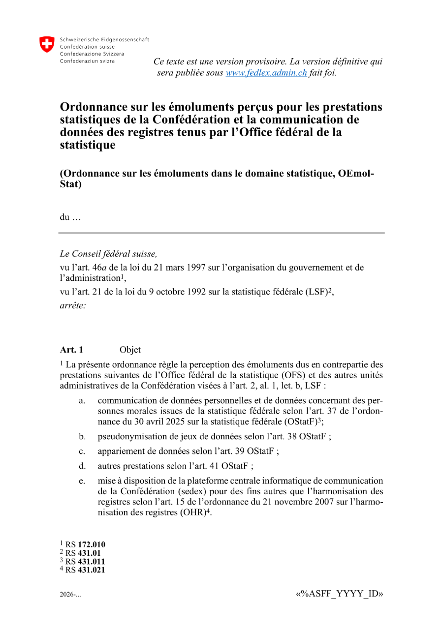 Ordonnance sur les émoluments dans le domaine statistique (OEmol-Stat)