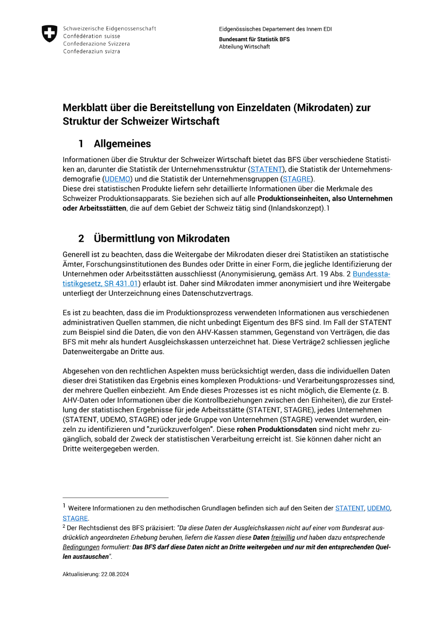 Merkblatt über die Bereitstellung von Einzeldaten (Mikrodaten) zur Struktur der Schweizer Wirtschaft