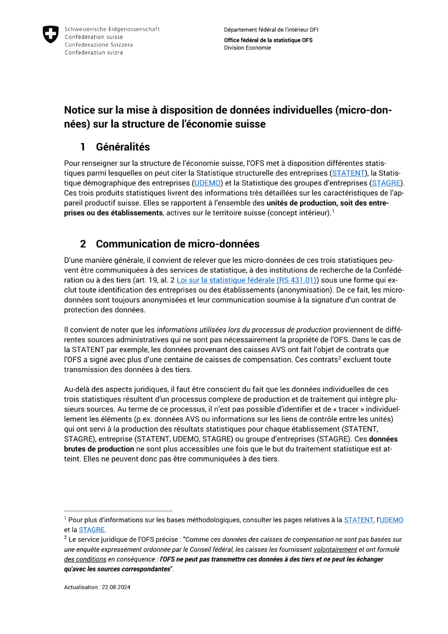 Notice sur la mise à disposition de données individuelles (micro-données) sur la structure de l'économie suisse