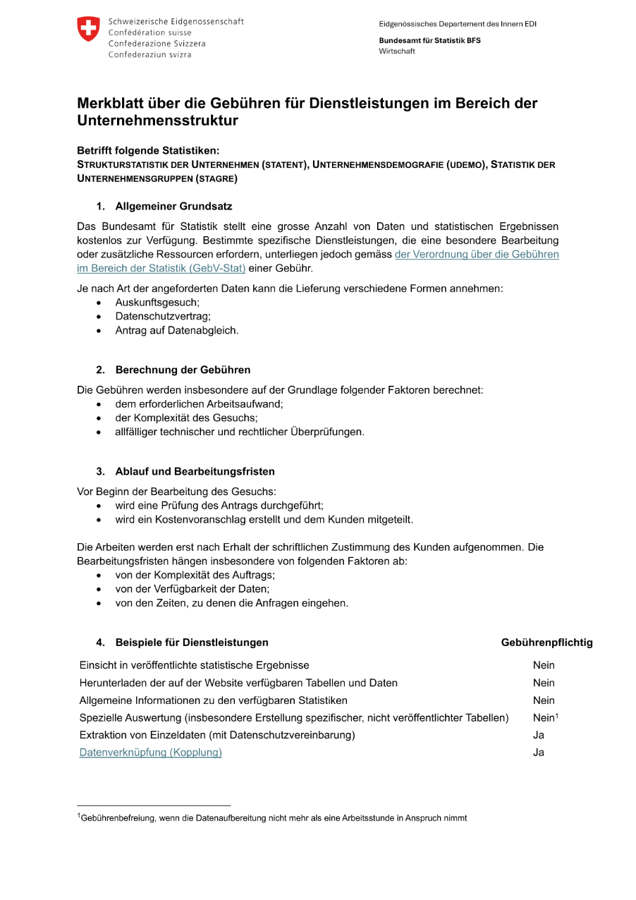 Merkblatt über die Gebühren für Dienstleistungen im Bereich der Unternehmensstruktur