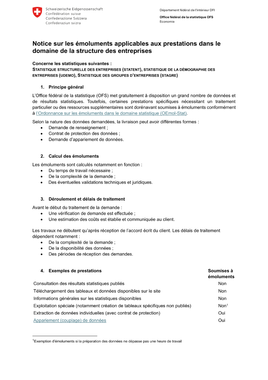 Notice sur les émoluments applicables aux prestations dans le domaine de la structure des entreprises