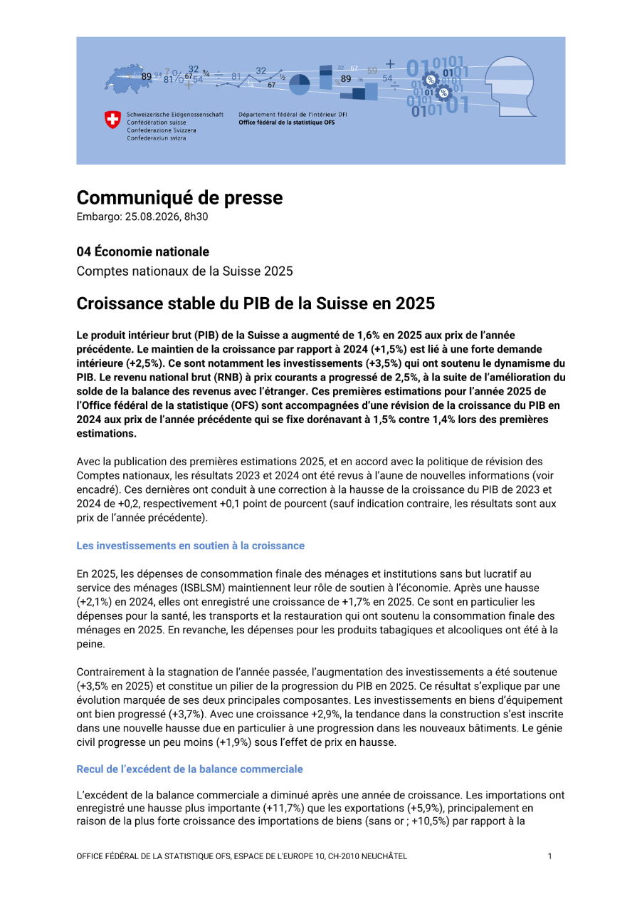 Croissance stable du PIB de la Suisse en 2025