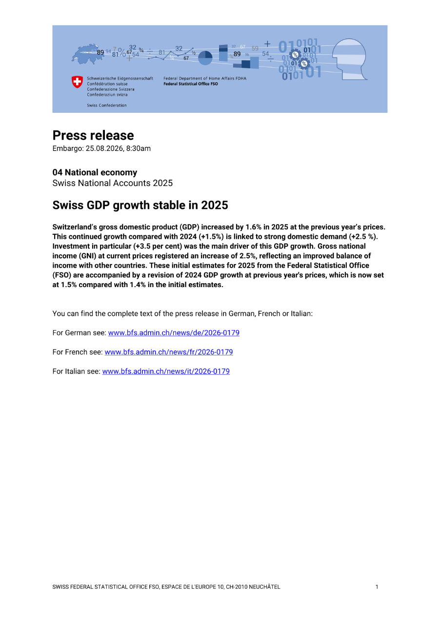 Swiss GDP growth stable in 2025
