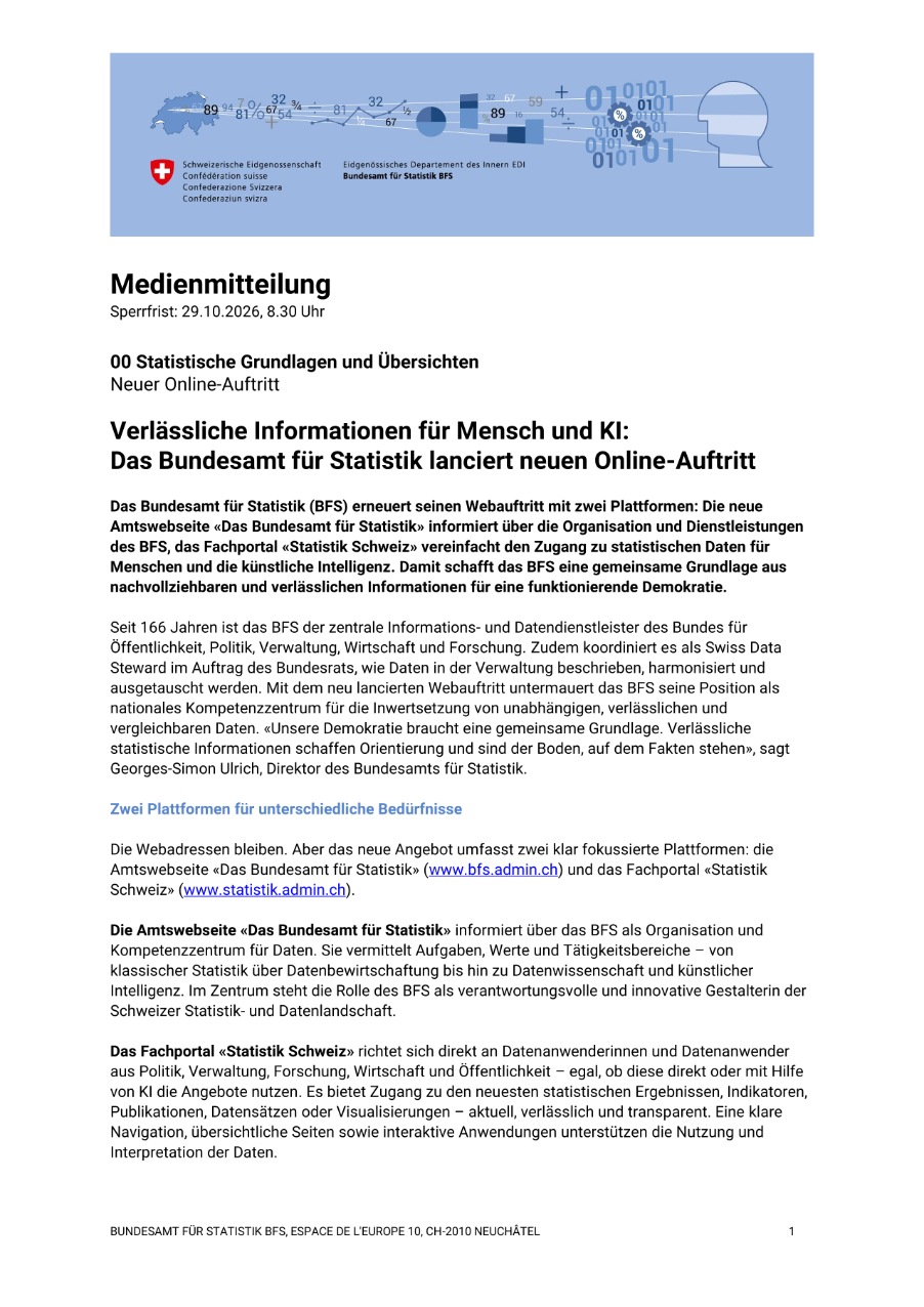 Verlässliche Informationen für Mensch und KI:  Das Bundesamt für Statistik lanciert neuen Online-Auftritt