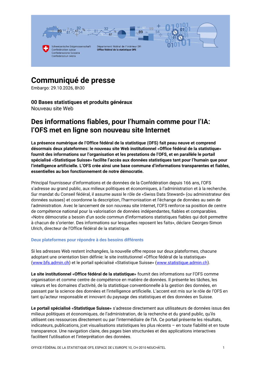 Des informations fiables, pour l'humain comme pour l'IA:  l'OFS met en ligne son nouveau site Internet