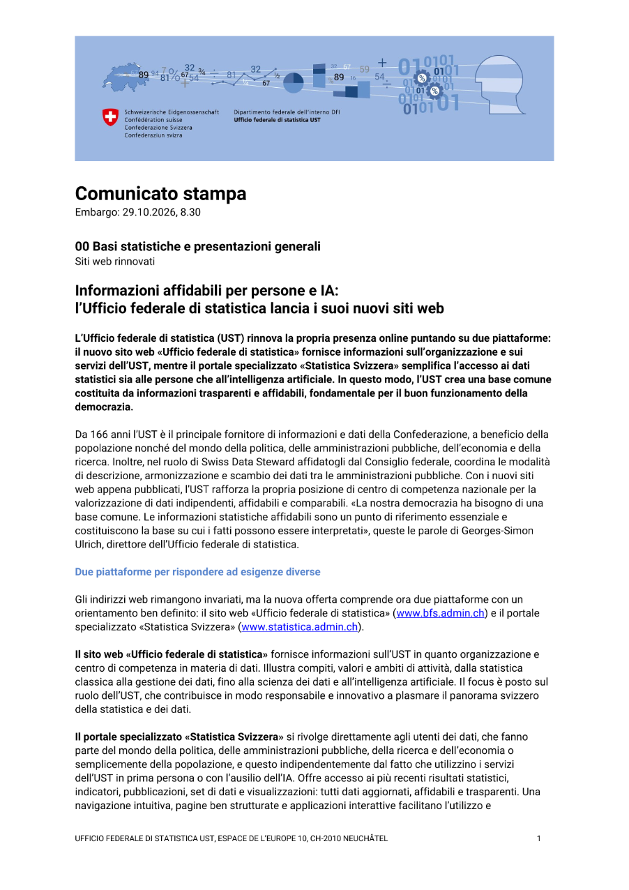 Informazioni affidabili per persone e IA:  l'Ufficio federale di statistica lancia i suoi nuovi siti web