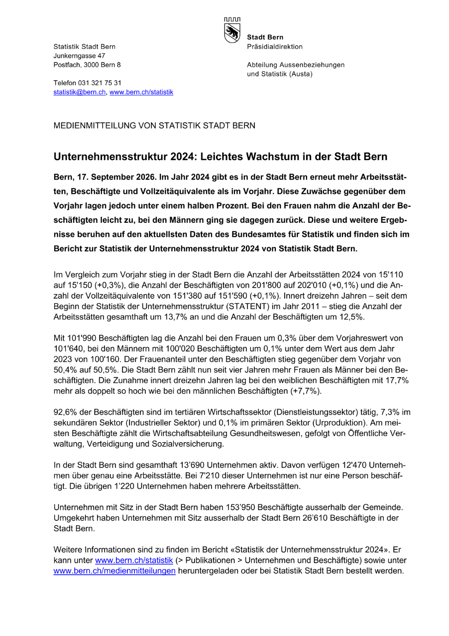 Unternehmensstruktur 2024: Leichtes Wachstum in der Stadt Bern
