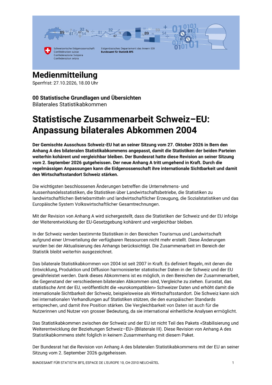 Statistische Zusammenarbeit Schweiz-EU: Anpassung bilaterales Abkommen 2004