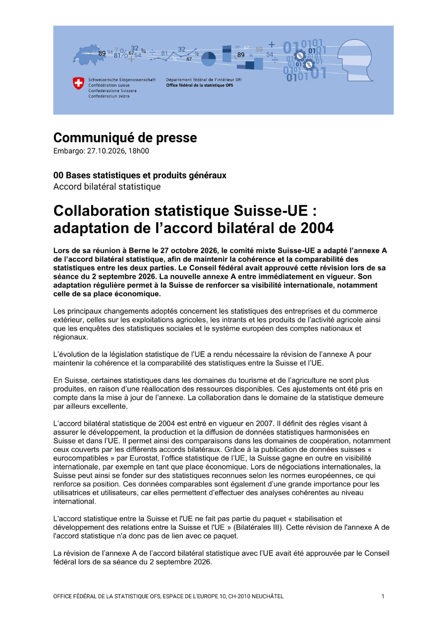Collaboration statistique Suisse-UE: adaptation de l'accord bilatéral de 2004