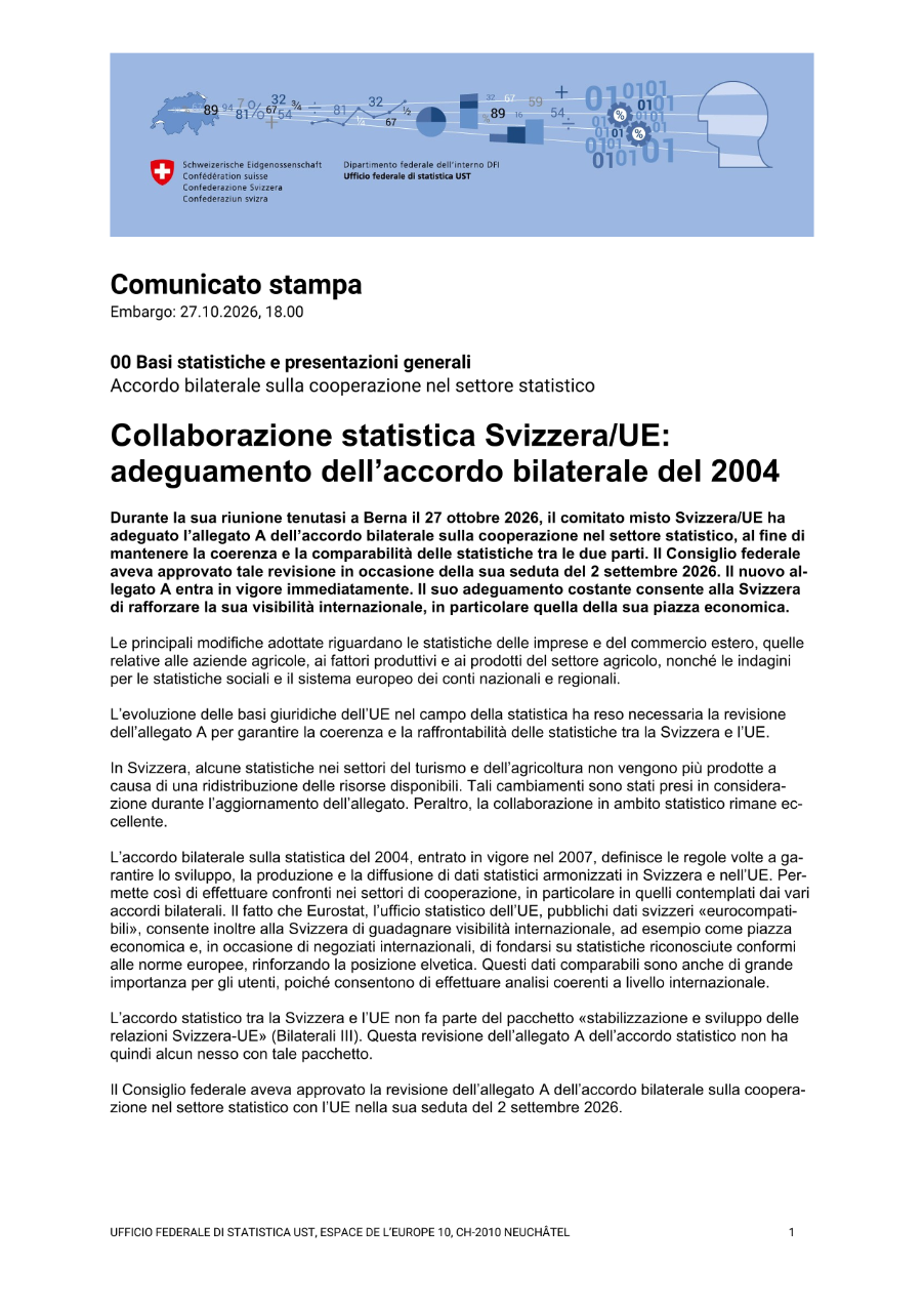 Collaborazione statistica Svizzera/UE: adeguamento dell'accordo bilaterale del 2004