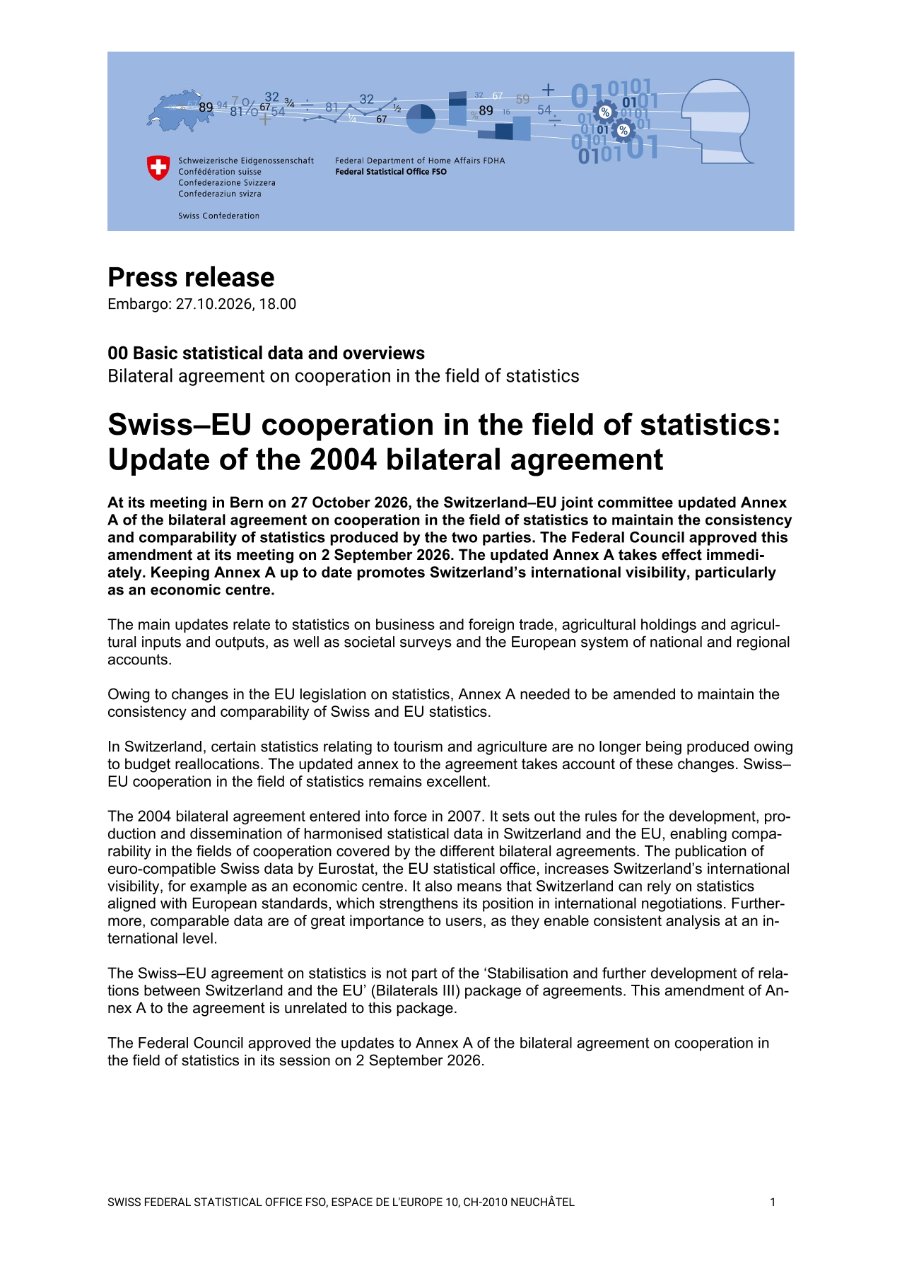 Swiss‒EU cooperation in the field of statistics:  Update of the 2004 bilateral agreement