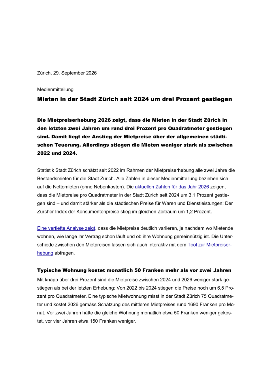 Mieten in der Stadt Zürich seit 2024 um drei Prozent gestiegen   
