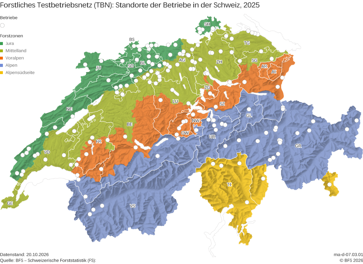 Forstliches Testbetriebsnetz (TBN): Standorte der Betriebe in der Schweiz