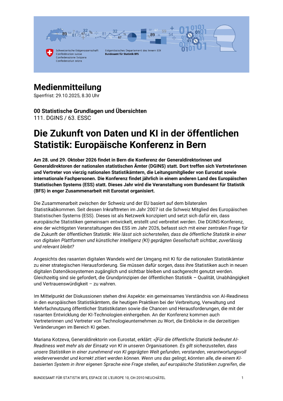 Die Zukunft von Daten und KI in der öffentlichen Statistik: Europäische Konferenz in Bern