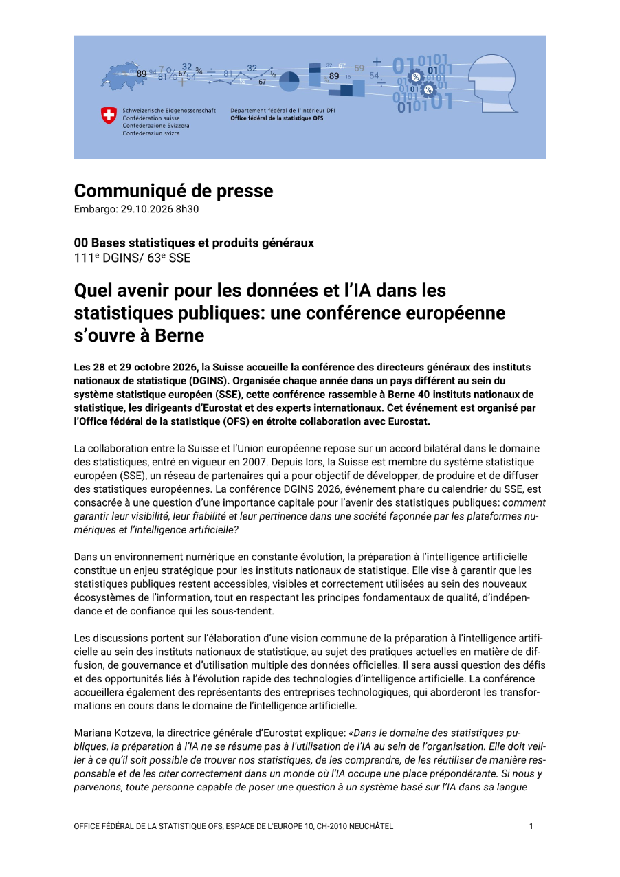Quel avenir pour les données et l'IA dans les statistiques publiques: une conférence européenne s'ouvre à Berne