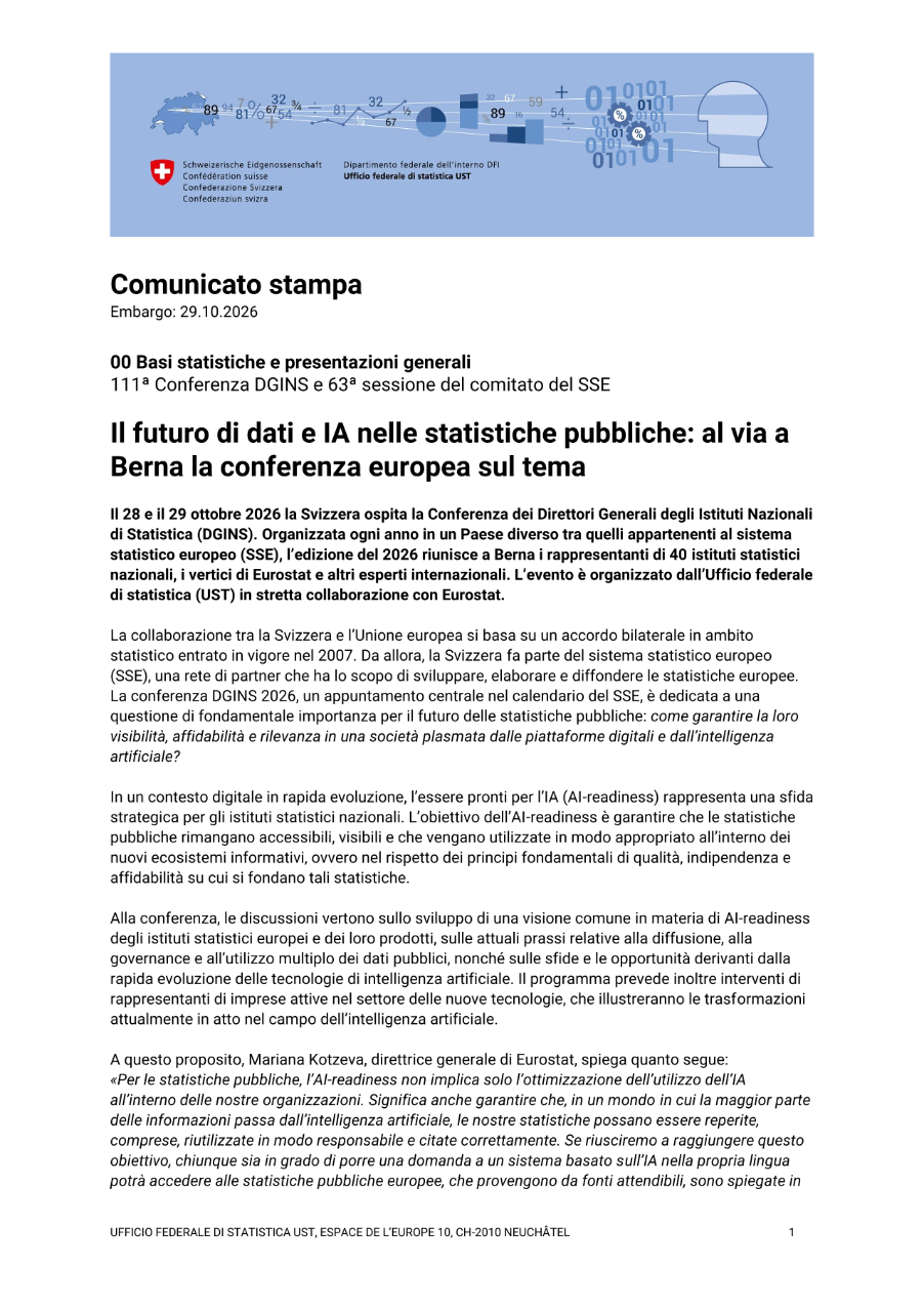 Il futuro di dati e IA nelle statistiche pubbliche: al via a Berna la conferenza europea sul tema