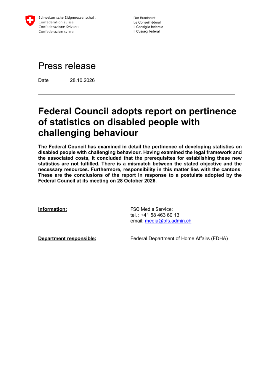 Federal Council adopts report on pertinence of statistics on disabled people with challenging behaviour