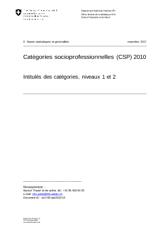 Catégories socioprofessionnelles (CSP) 2010 - Intitulés des catégories, niveaux 1 et 2