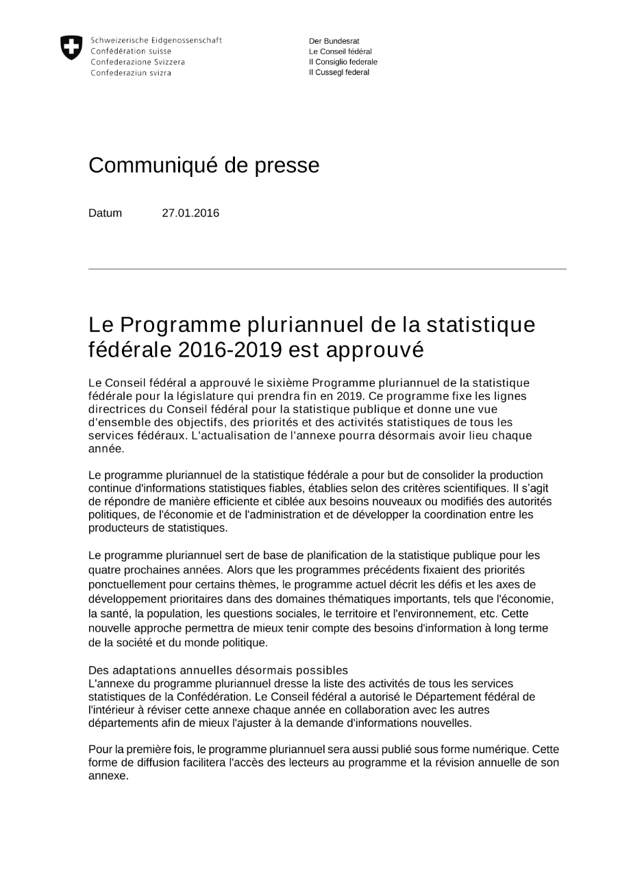 Le Programme pluriannuel de la statistique fédérale 2016-2019 est approuvé