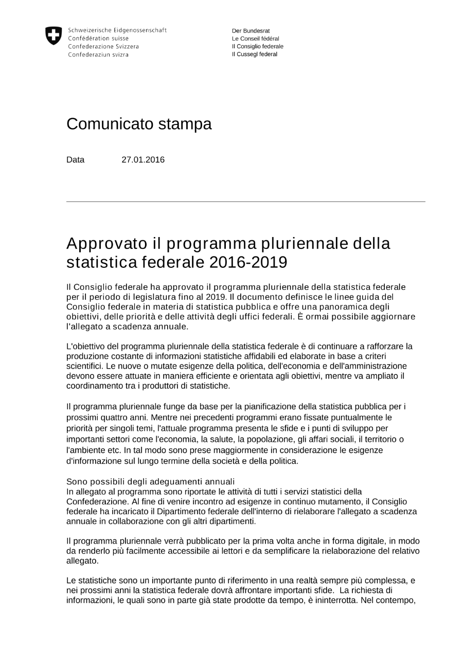 Approvato il programma pluriennale della statistica federale 2016-2019