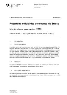 Répertoire officiel des communes de Suisse - Modifications annoncées 2018 - Version du 13.12.2017 (remplace la version du 24.10.2017