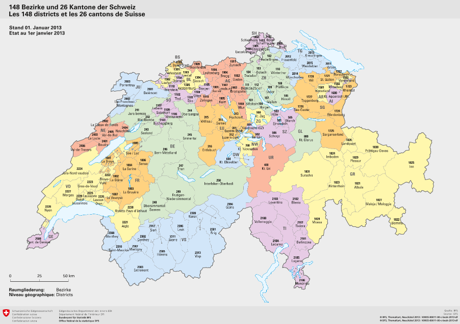 148 Bezirke und 26 Kantone der Schweiz (Kantone/Bezirke) | Karte