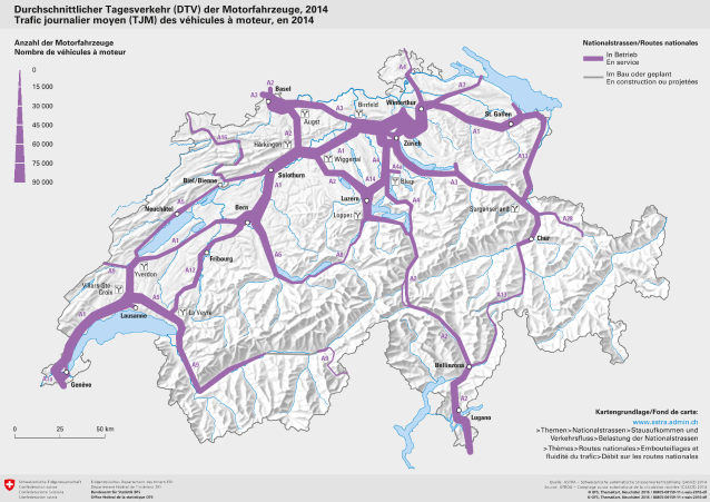 Trafic journalier moyen (TJM) des véhicules à moteur, en 2014