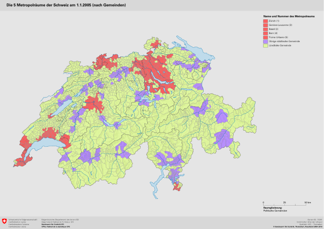 Die 5 Metropolräume der Schweiz am 1.1.2005 (nach Gemeinden)