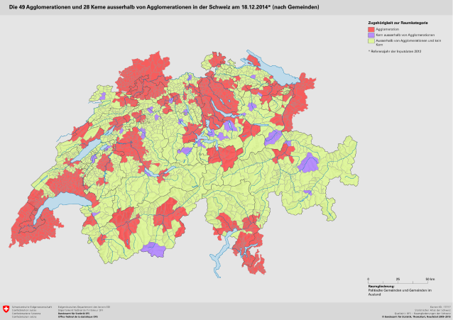 Die 49 Agglomerationen und 28 Kerne ausserhalb von Agglomerationen in der Schweiz am 18.12.2014 (nach Gemeinden)