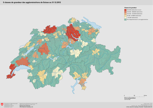 5 classes de grandeur des agglomératrions de Suisse au 31.12.2012