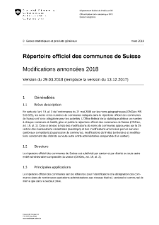Répertoire officiel des communes de Suisse - Modifications annoncées 2018 - Version du 29.03.2018 (remplace la version du 13.12.2017)