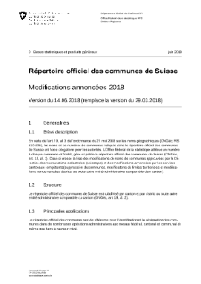 Répertoire officiel des communes de Suisse - Modifications annoncées 2018 - Version du 14.06.2018 (remplace la version du 29.03.2018)
