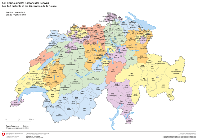 143 Bezirke und 26 Kantone der Schweiz