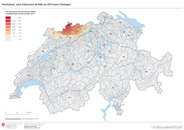 Pendulaires: zone d'attraction de Bâle, en 2014