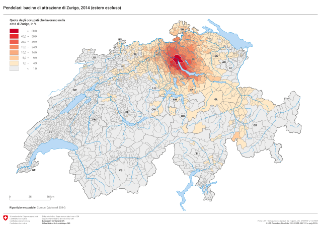Pendolari: bacino di attrazione di Zurigo, 2014