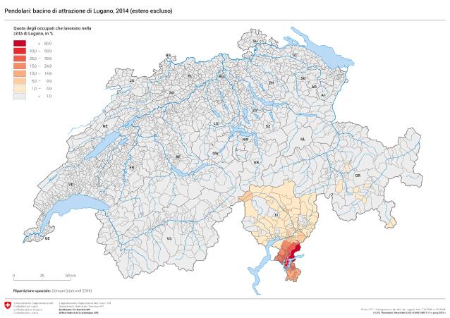 Pendolari: bacino di attrazione di Lugano, 2014