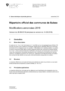 Répertoire officiel des communes de Suisse - Modifications annoncées 2018 - Version du 20.09.2018 (remplace la version du 14.06.2018)