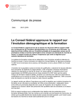 Le Conseil fédéral approuve le rapport sur l'évolution démographique et la formation