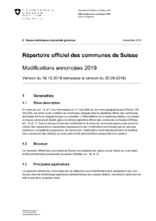 Répertoire officiel des communes de Suisse - Modifications annoncées 2019 - Version du 18.12.2018 (remplace la version du 20.09.2018)