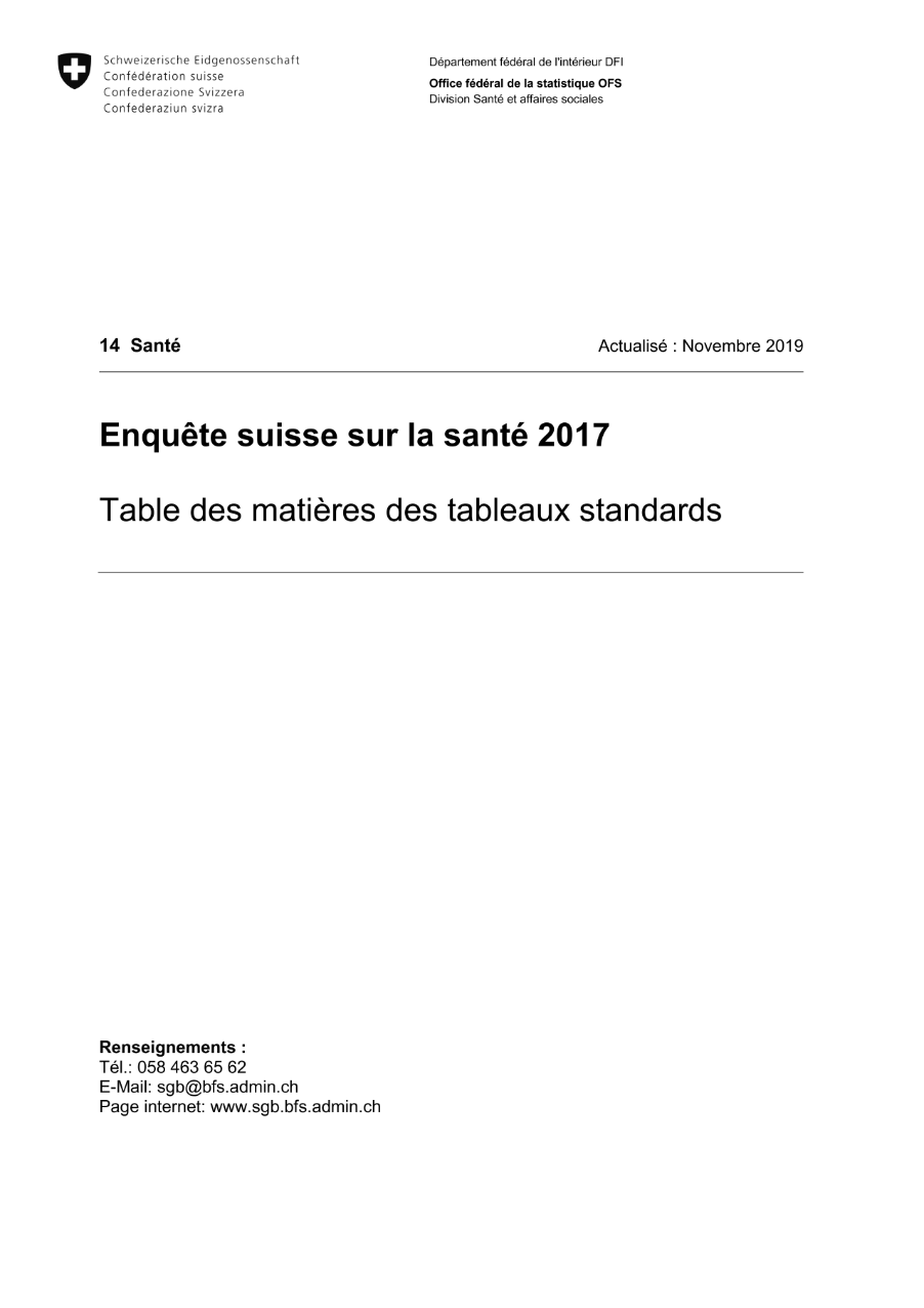 Enquête suisse sur la santé 2017. Table des matières des tableaux standards