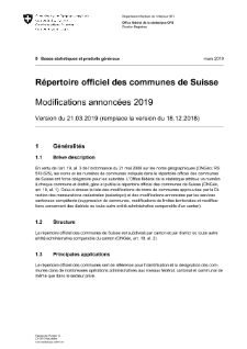 Répertoire officiel des communes de Suisse - Modifications annoncées 2019 - Version du 21.03.2019 (remplace la version du 18.12.2018)