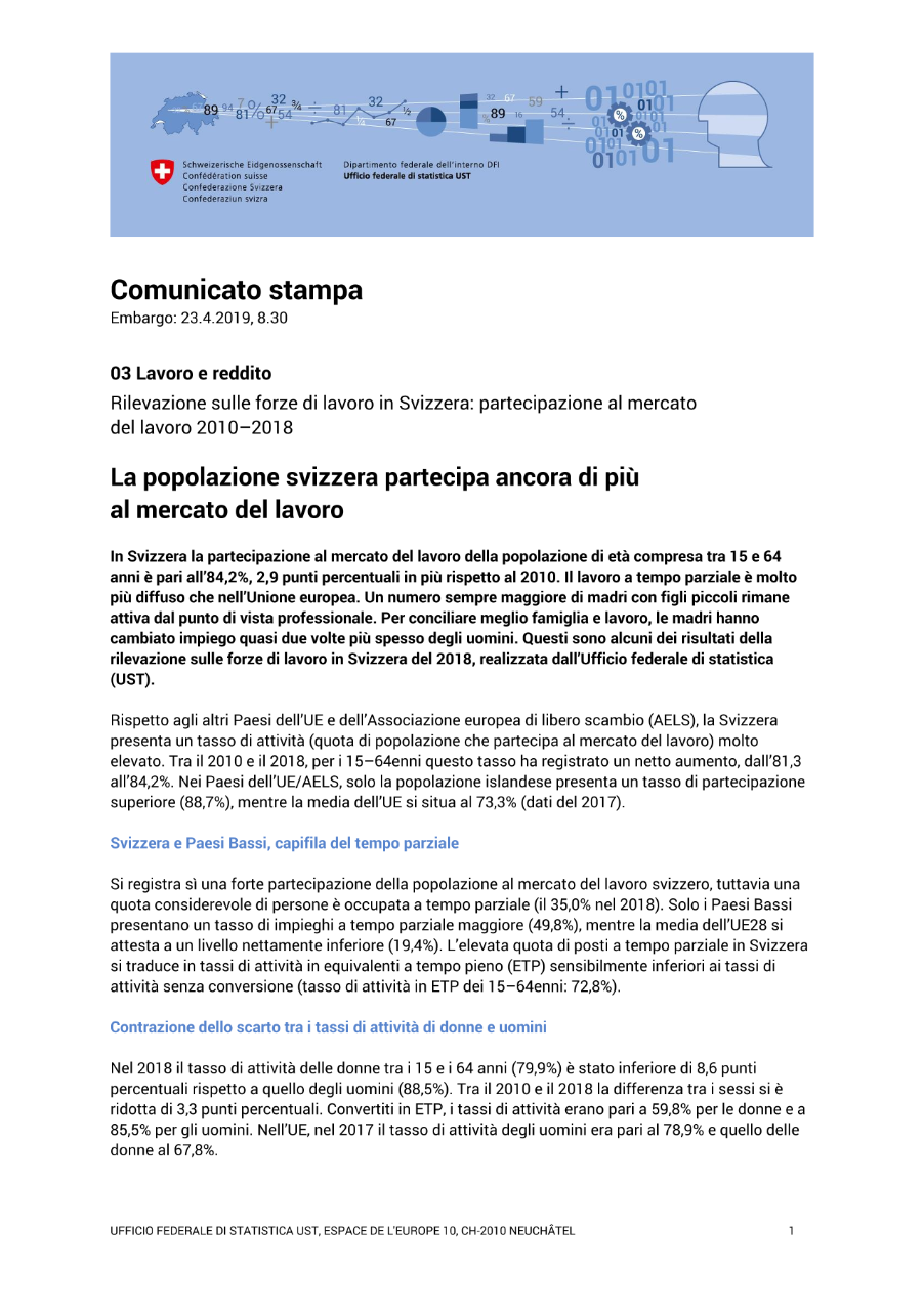 La popolazione svizzera partecipa ancora di più al mercato del lavoro