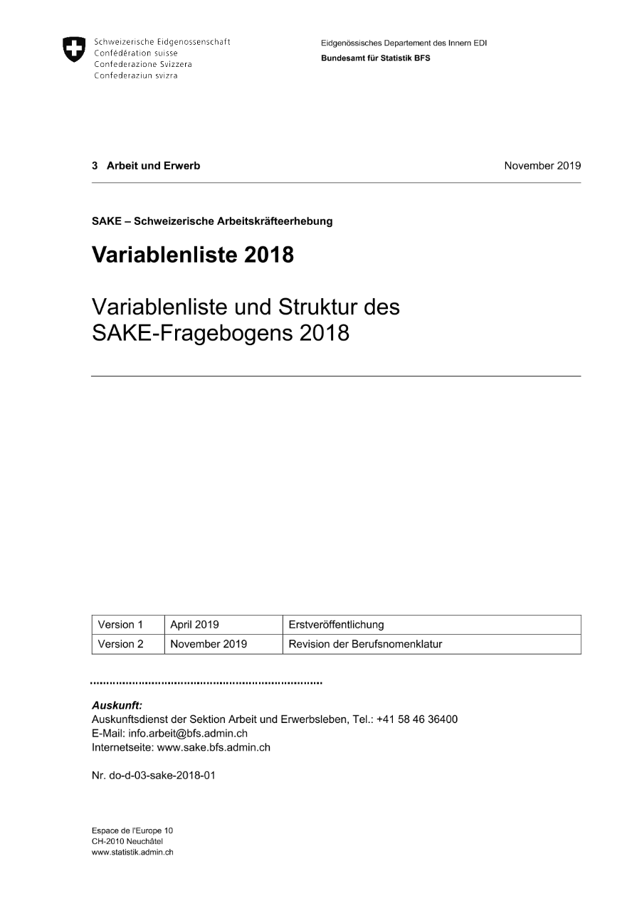 SAKE - Schweizerische Arbeitskräfteerhebung: Variablenliste und Struktur des SAKE-Fragebogens 2018