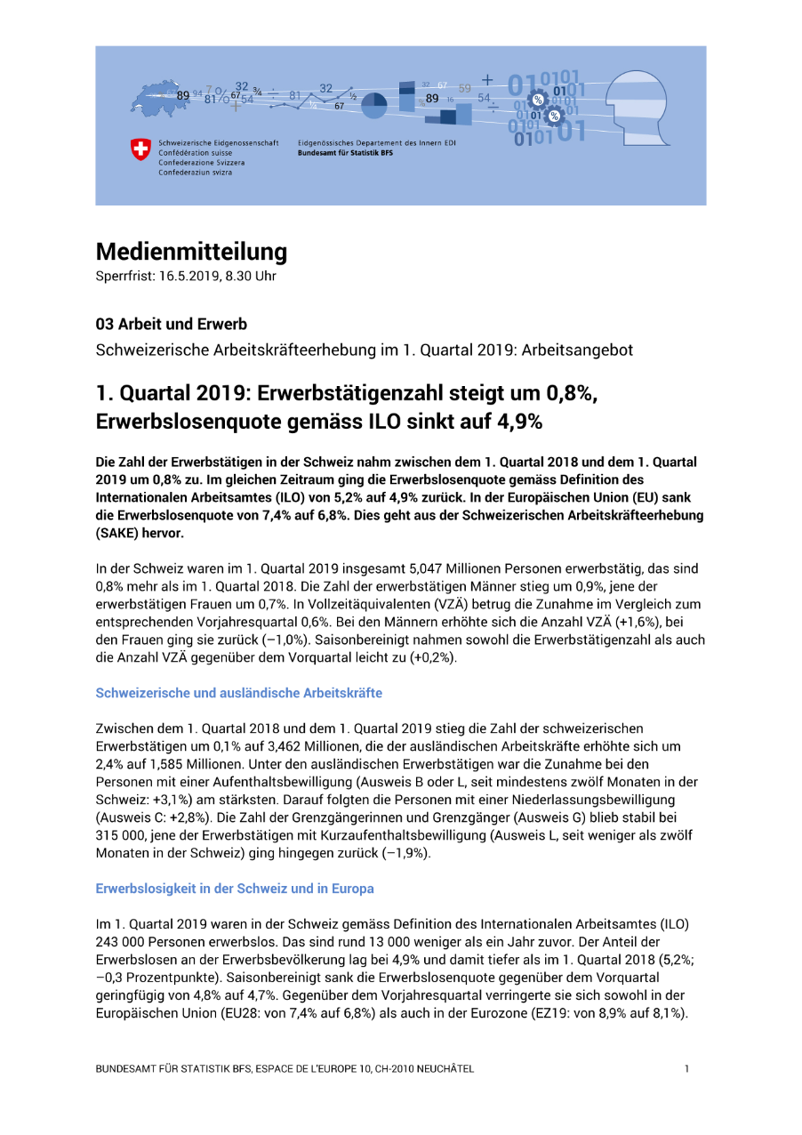 1. Quartal 2019: Erwerbstätigenzahl steigt um 0,8%, Erwerbslosenquote gemäss ILO sinkt auf 4,9%